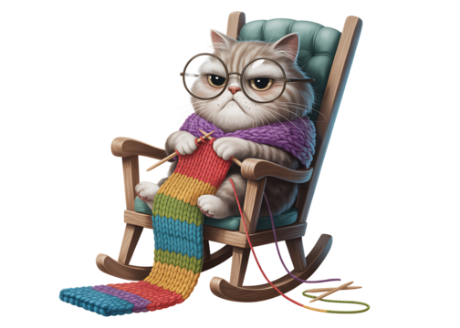 Funny grumpy cat knitting in a rocking chair wearing glasses – cozy crafty cartoon pet concept for handmade, grandma meme, and hobby design.