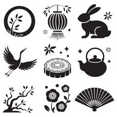 Collection of traditional chinese cultural symbols including a crane lantern rabbit tea pot fan and cherry blossoms