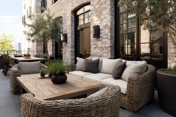 Outdoor dining area with rustic wood tables at Summerlin Mall in Las Vegas, Nevada