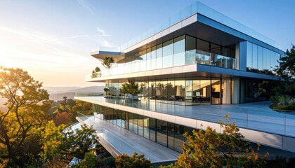 Modern Glass House Overlooking Autumnal Forest at Sunset