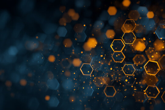 Glowing Orange and Blue Hexagons with Floating Particles on Dark Background geometric pattern