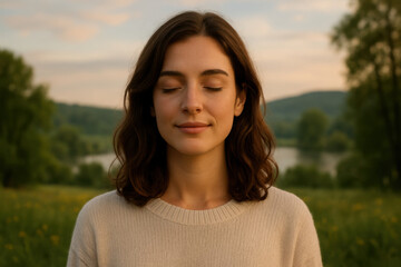 Young woman enjoying nature with closed eyes in a peaceful countryside setting