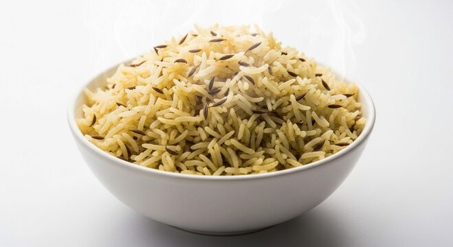 A close-up shot of a white bowl filled with cooked rice, with cumin seeds.
