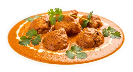 A savory dish of Indian chicken tikka masala with a creamy orange sauce, garnished with fresh cilantro and cream.