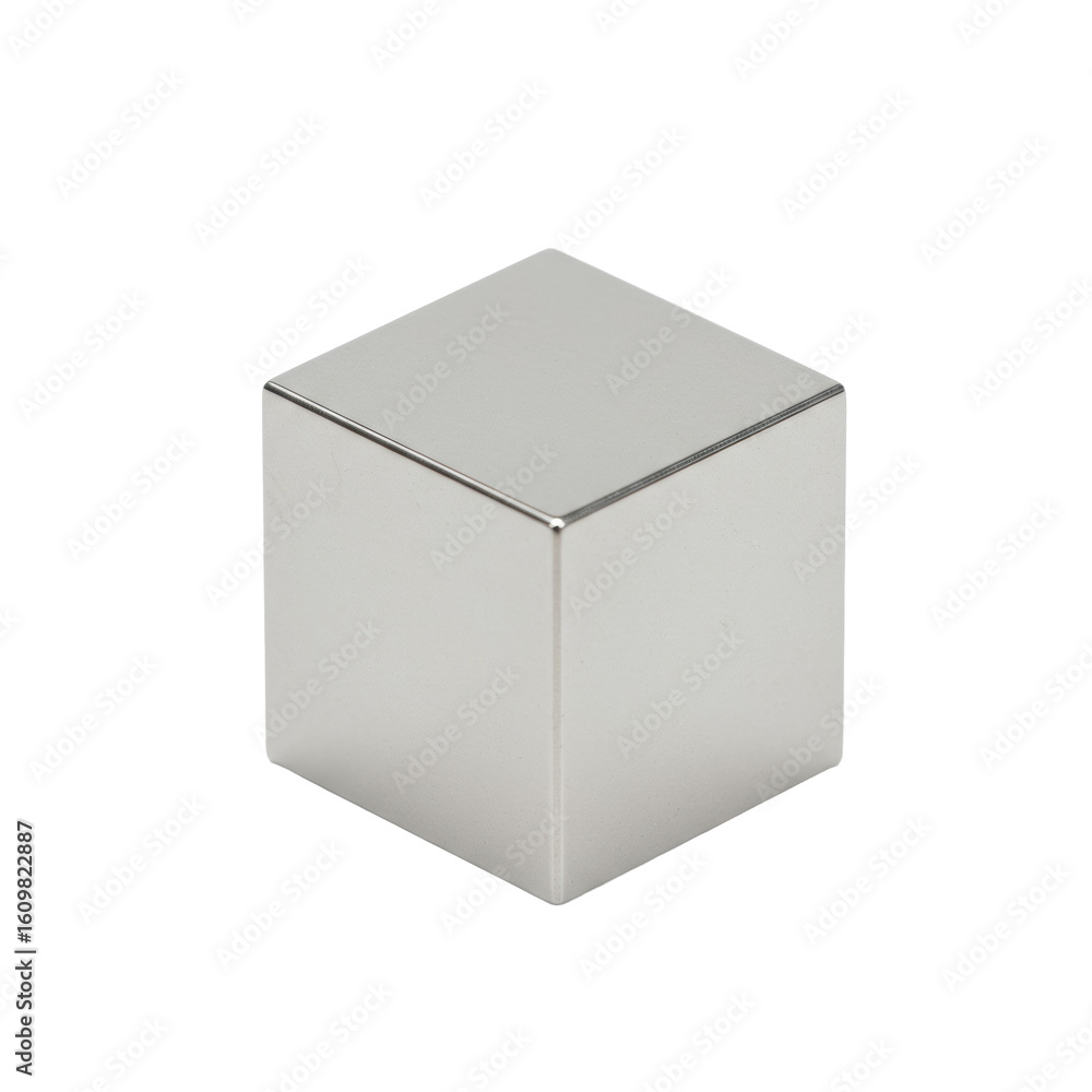 Fototapete perfectly geometric, small, highly polished reflective metallic cube with sharp edges on a transpare