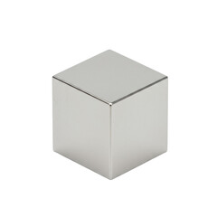 Fototapeta premium Perfectly geometric, small, highly polished reflective metallic cube with sharp edges on a transparent studio background with negative space, shot with diffused studio lighting and macro lens for