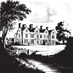 Fototapeta premium Ornate manor house with bridge over water and trees architecture