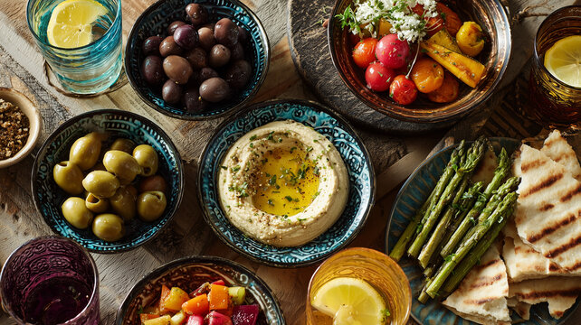 Mediterranean Appetizer Spread with Olives, Hummus and Pita Bread