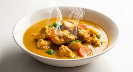 A steaming bowl of chicken curry with vegetables, showcasing a vibrant yellow curry.