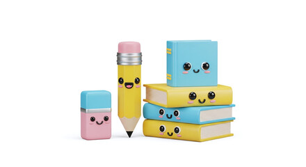 Cartoon pencil, eraser, and stack of books with kawaii faces on a white background in a studio shot