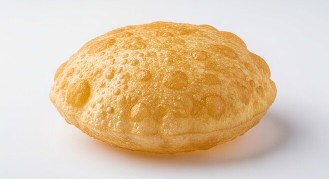 A single, freshly fried, golden brown, and puffy Indian Puri bread isolated on a plain white background.
