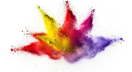 A vibrant explosion of red, yellow, pink, and purple powder clouds against a clean white background.