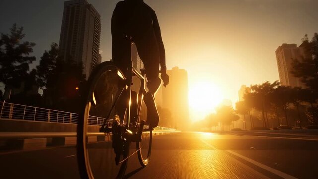 Cyclist riding down an empty city boulevard at golden sunrise, urban silhouette scene with warm tones, video for health and fitness, motivational content, or transportation topics