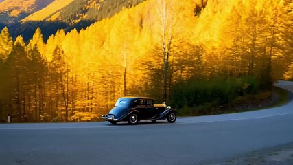 Enjoy a scenic drive through vibrant autumn landscapes as a classic car winds its way along a curving road. The golden foliage creates a mesmerizing backdrop for adventure.  - Powered by Adobe