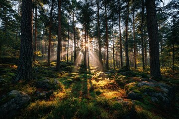 Naklejka premium Rays of sunlight filter through tall Evergreen trees in a tranquil forest, illuminating the mossy forest floor and creating a magical atmosphere at sunrise