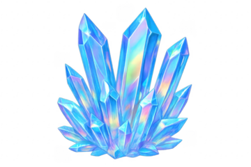 Cluster of iridescent blue crystals growing on transparent background