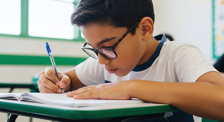 A young student with glasses is writing in a notebook at a desk in a classroom setting indoors
