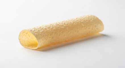 A single rolled crispy wafer biscuit with a textured surface isolated on a clean white background.