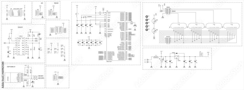 Poster schematic diagram of electronic device on sheet of paper. vector drawing electrical circuit with con