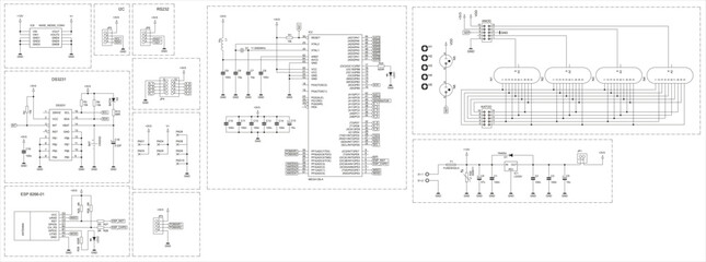 Schematic diagram of electronic device on sheet of paper. Vector drawing electrical circuit with connector,
resistor, capacitor, integrated circuit, antenna,
microcontroller, diode, indicator, led.