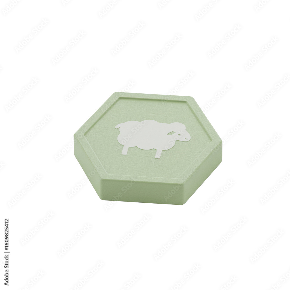 Poster a single, isolated hexagonal resource token of light green matte material, featuring a minimalist wh