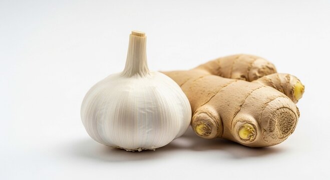 A close-up shot of a whole garlic bulb and a piece of ginger root on a plain white surface.