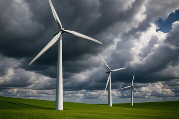 Fototapeta premium Focused look at tall white wind turbines on a green field under dynamic, cloudy skies, emphasizing the theme of sustainable, renewable energy.