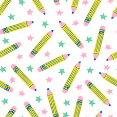 Yellow pencil seamless pattern. Office, school supplies background. Education, learning, stationery, board game symbol. Graphite pencils with stars pattern for stationery, fabric design.