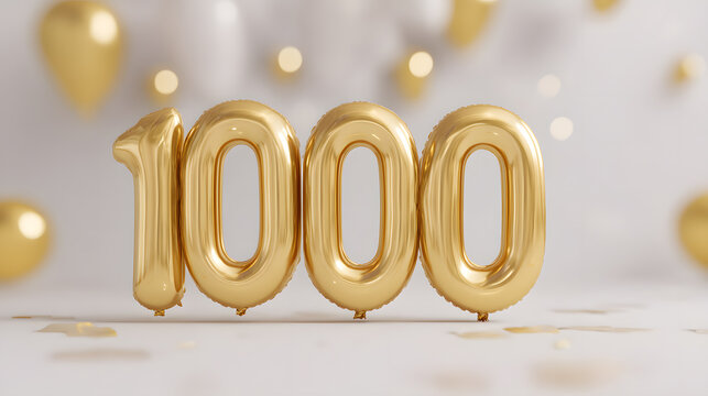 Shiny gold 3D digits “1000” on white background. Elegant concept for celebrating achievements or premium branding.