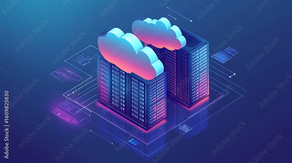 Poster modern conceptual illustration of cloud computing data storage servers using isometric perspective p