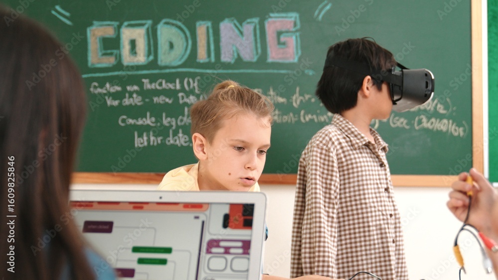 Poster energetic child wearing vr headset while enter virtual world at classroom. student programing system