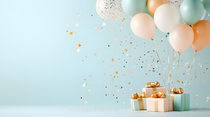 Decorative pastel balloons and birthday cake on blue background, ideal for party invitations, child celebration, or joyful event mockups.