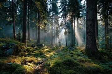 Naklejka premium Rays of sunlight filter through tall Evergreen trees in a tranquil forest, illuminating the mossy forest floor and creating a magical atmosphere at sunrise