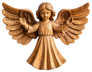 “Hand-Carved Wooden Guardian Angel Ornament with Rustic Finish, Isolated PNG”.