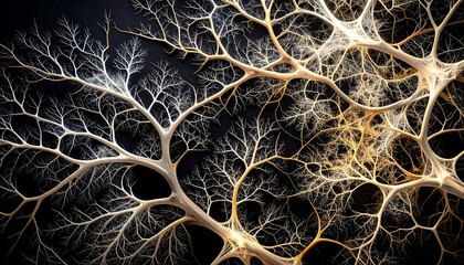 Fractal patterns illustrate neurological connections with fading segments and distorted views reflecting complexity