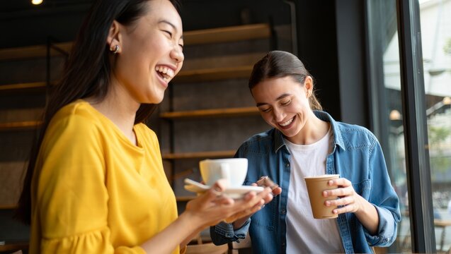 Two friends laughing together at a coffee shop enjoying coffee and good company
