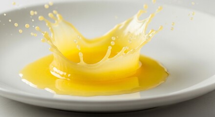 A vibrant splash of orange juice erupts from a white plate, creating a crown-like shape.