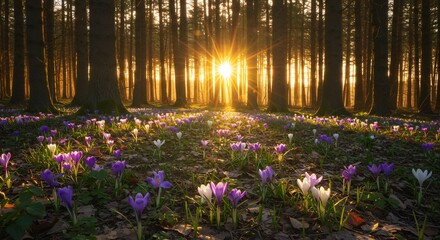 Obraz premium Spring Crocus Flowers Blooming in Forest with Sunlight