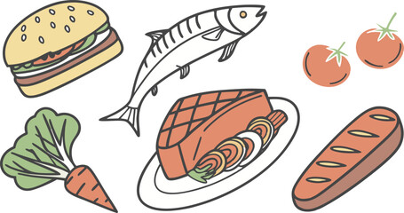 Hand-drawn Food Illustration: Burger, Fish, Steak, Vegetables, and Bread;  Vibrant, Flat Style;  Appetizing Mood.