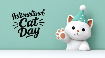 3D white kitten waving paw and wearing a party hat next to “International Cat Day” text. A friendly and festive pet visual for cat lovers and themed events.