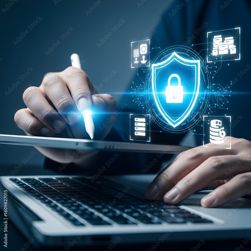 Poster data security concept with a person using a laptop and digital tablet for protection