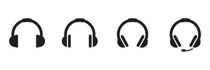 Four Simple Black Headset Icons: Minimalist, Modern, and Professional Design Vector.