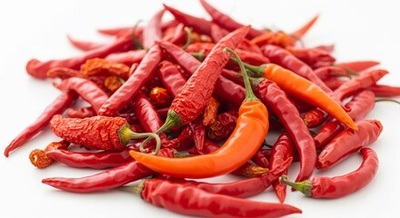 A vibrant pile of red and orange chili peppers, some dried, against a stark white background.