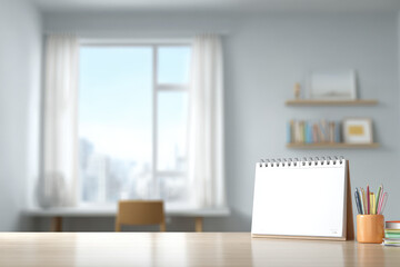 office desk with calendar and ar notes on blurred white text bars creating functional workspace