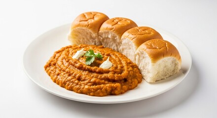 Pav Bhaji, an Indian street food dish, served on a white plate with butter and cilantro garnish, alongside four soft bread rolls.
