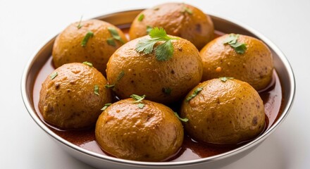 Aloo sabzi, Indian potato curry, served in a shallow bowl, garnished with cilantro.