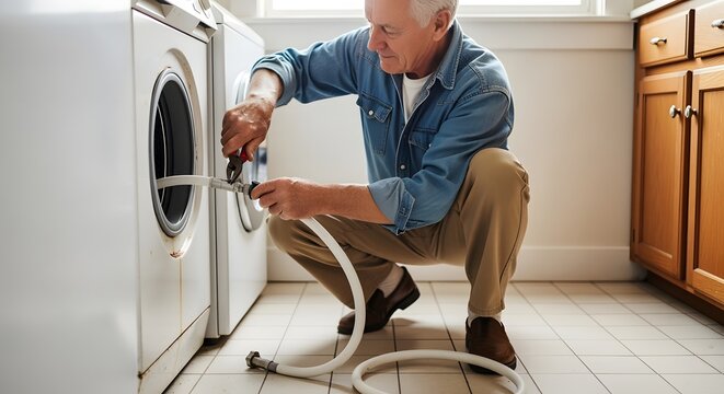 Man in denim shirt crouches to fix washing machine hose with pliers in laundry room at home needing repair