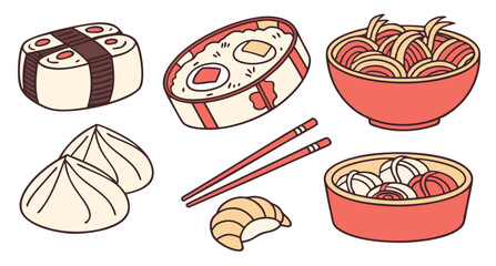 Hand-drawn Asian Cuisine Illustration: Noodles, Sushi, Dumplings, and Rice in a cheerful, appetizing style.