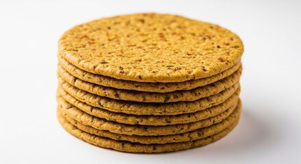A stack of round, thin, golden-brown flatbreads with visible herbs and spices, presented against a clean white background.
