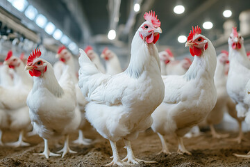 Fototapeta premium White broiler chickens standing in chicken coop